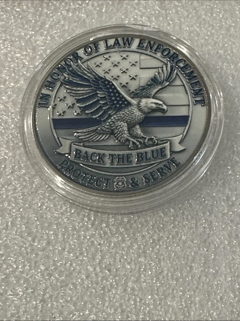 Back The Blue Eagle Challenge Coin - Silver & Blue